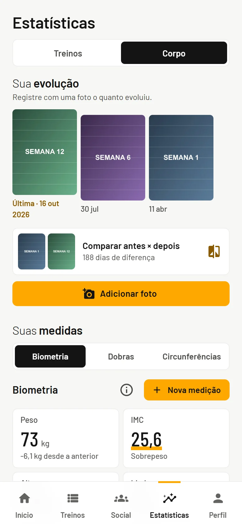Evolução do corpo com fotos por semana, peso e IMC