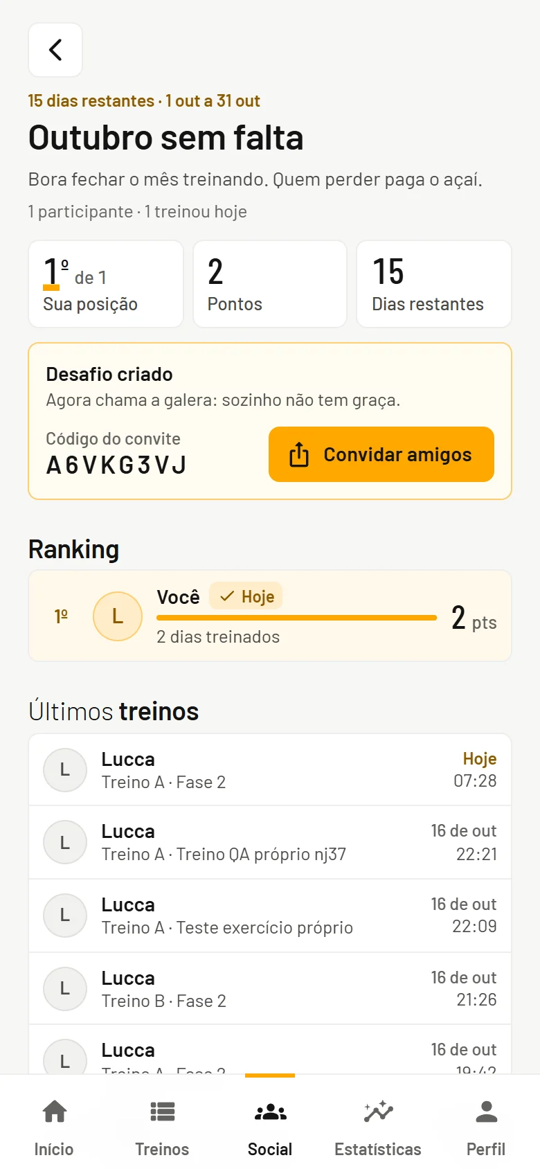 Desafio entre amigos com a posição, os pontos e o ranking