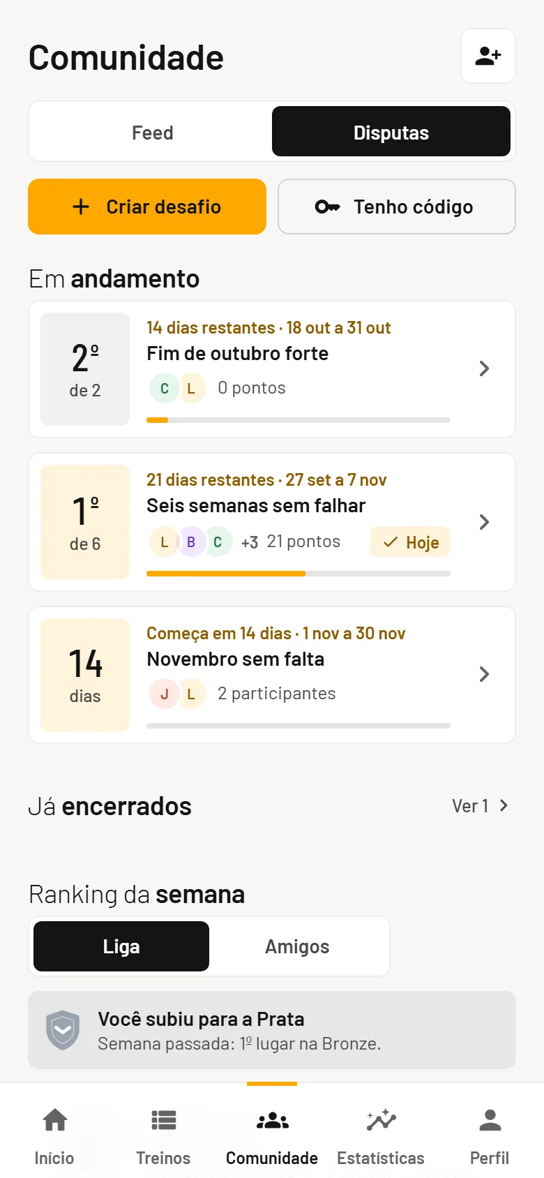 Desafios em andamento com a posição, os participantes e os pontos