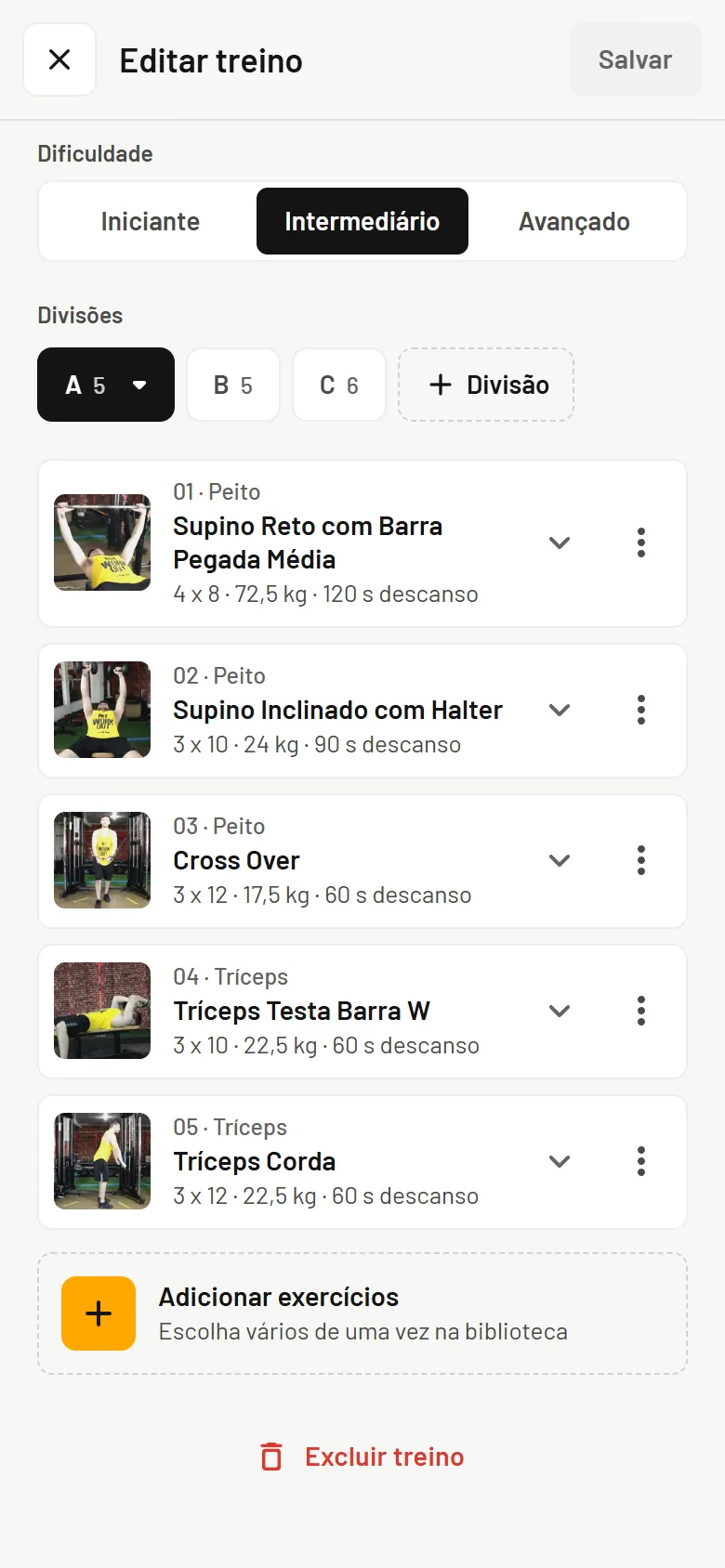 Editor de treino com os exercícios, as séries e as repetições de cada um