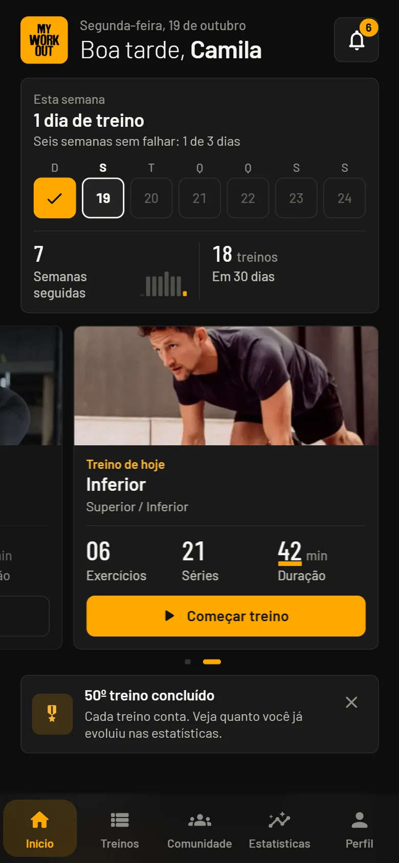 A mesma tela no tema escuro, preto com amarelo