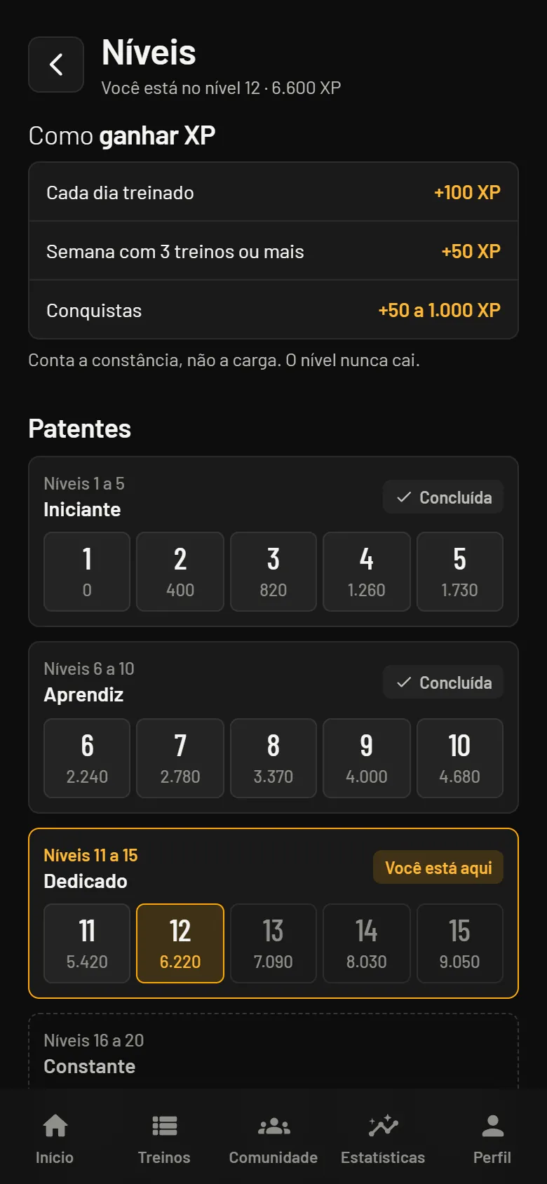 Níveis no tema escuro, com o XP de cada ação e as patentes, do Iniciante ao Dedicado