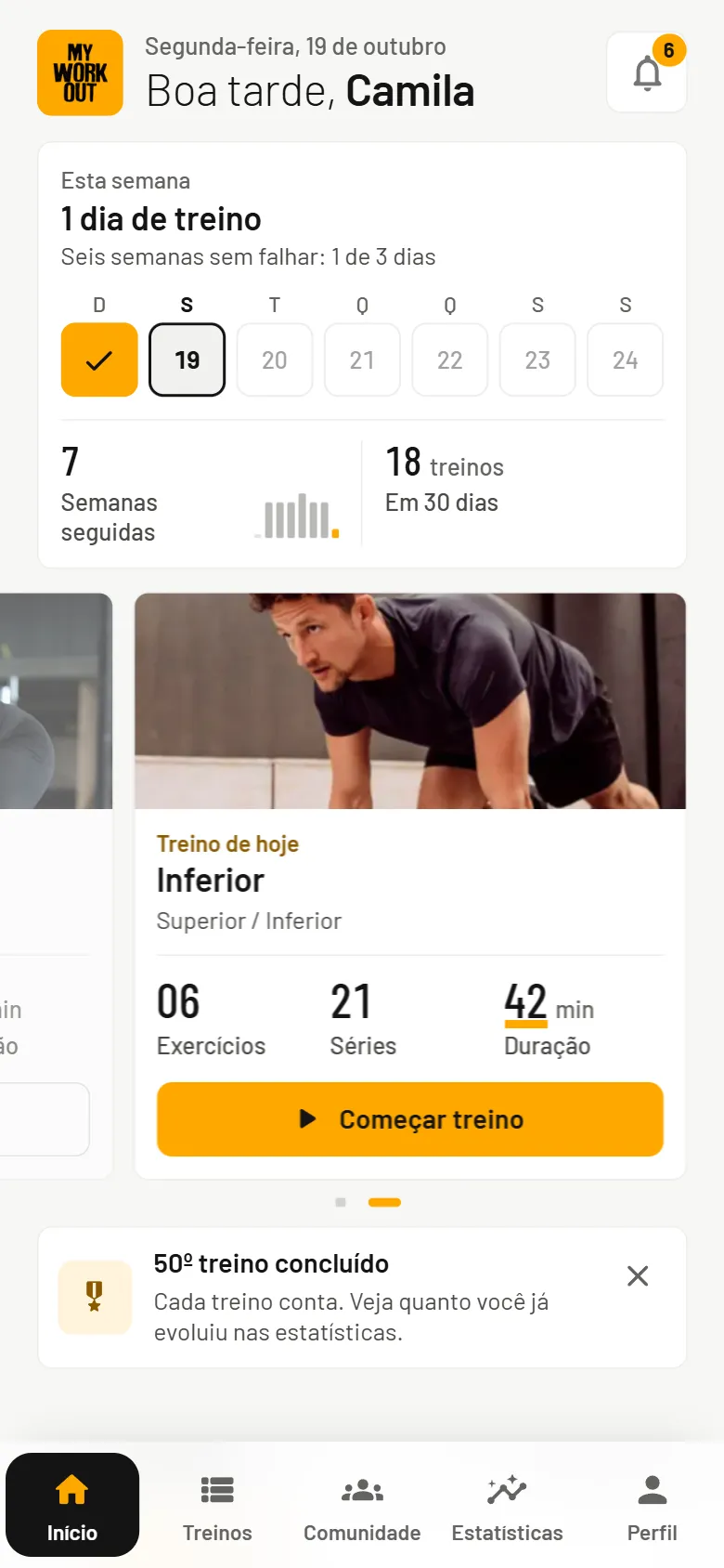Tela inicial com os dias treinados na semana, as semanas seguidas e o treino de hoje