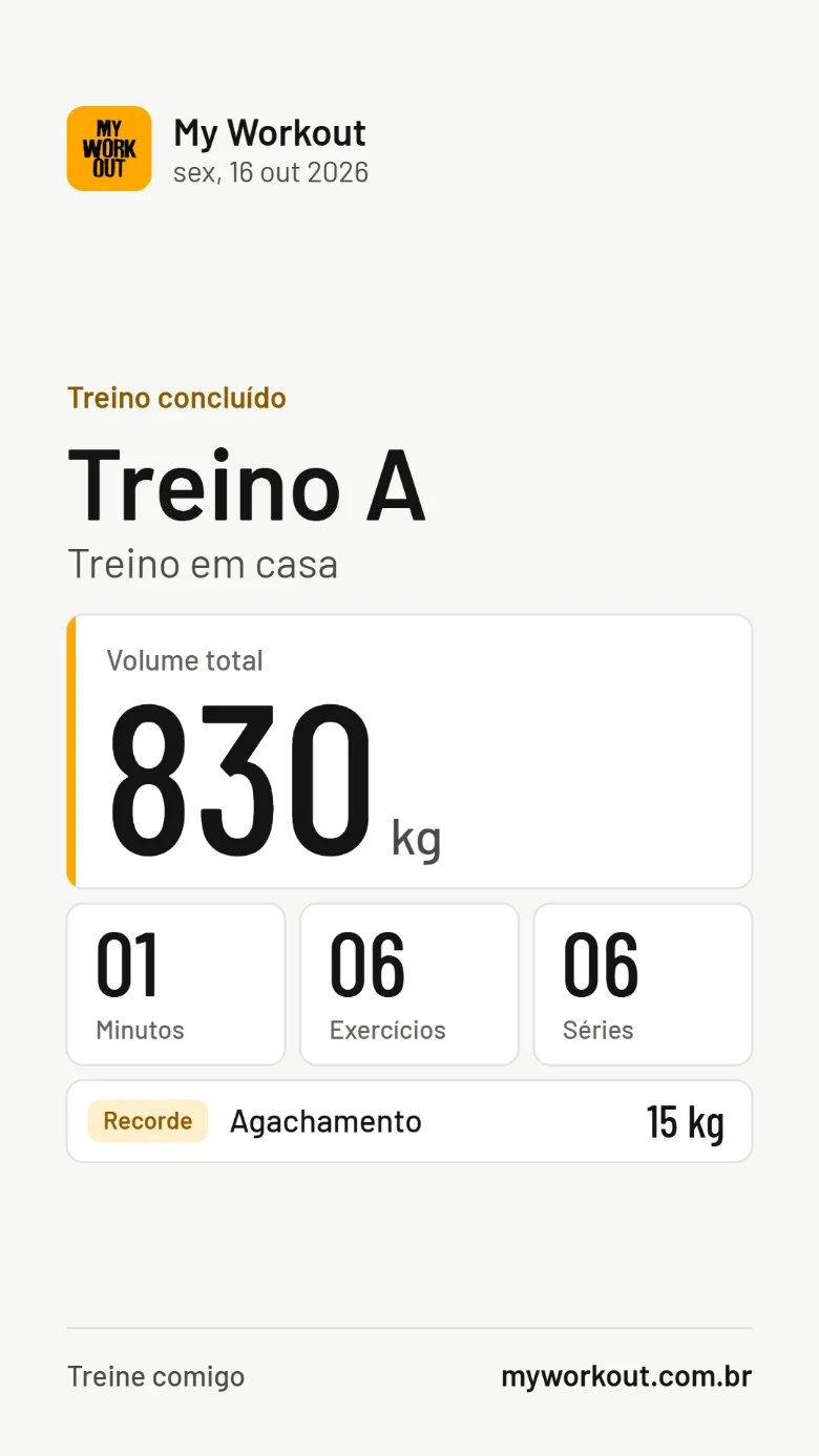 Imagem de story do treino concluído com volume total, minutos, exercícios e séries