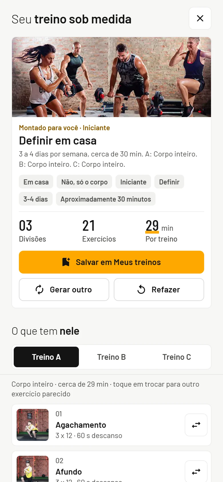 Treino montado pelo app para treinar em casa, com divisões e exercícios