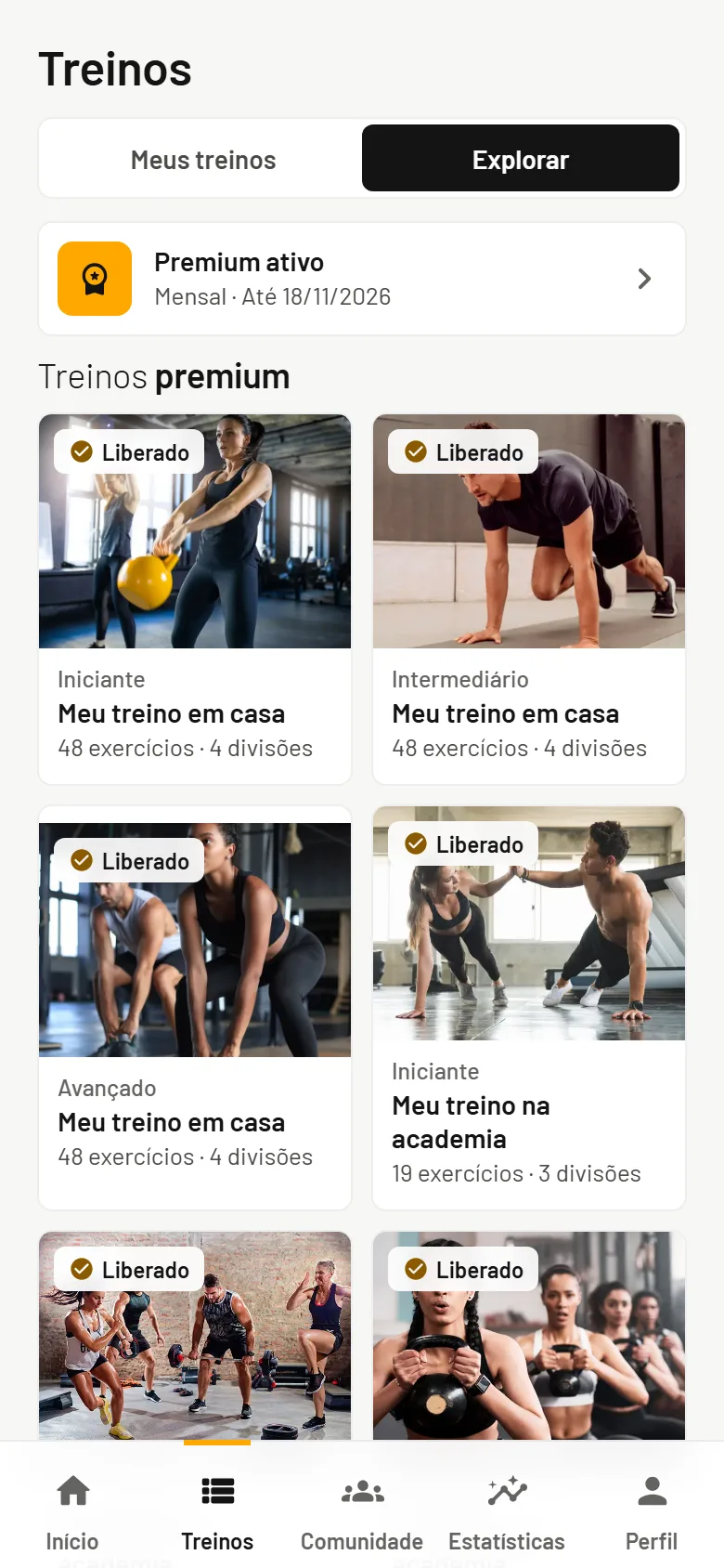 Treinos premium para casa e academia, com o nível, os exercícios e as divisões